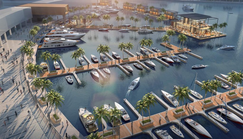 Phối cảnh bến du thuyền 5 sao tại Vinhomes Làng Vân (Vinhomes Hải Vân Bay), Đà Nẵng, với nhiều du thuyền sang trọng và nhà hàng nổi đẳng cấp.