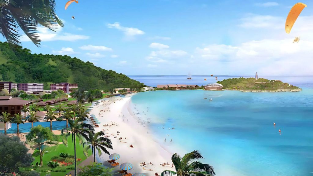 Phối cảnh toàn cảnh bãi biển Làng Vân (Vịnh Hải Vân) tại dự án Vinhomes Hải Vân Bay, Đà Nẵng, bao gồm khu biệt thự nghỉ dưỡng ven biển, khách sạn 5 sao và bãi cát trắng.