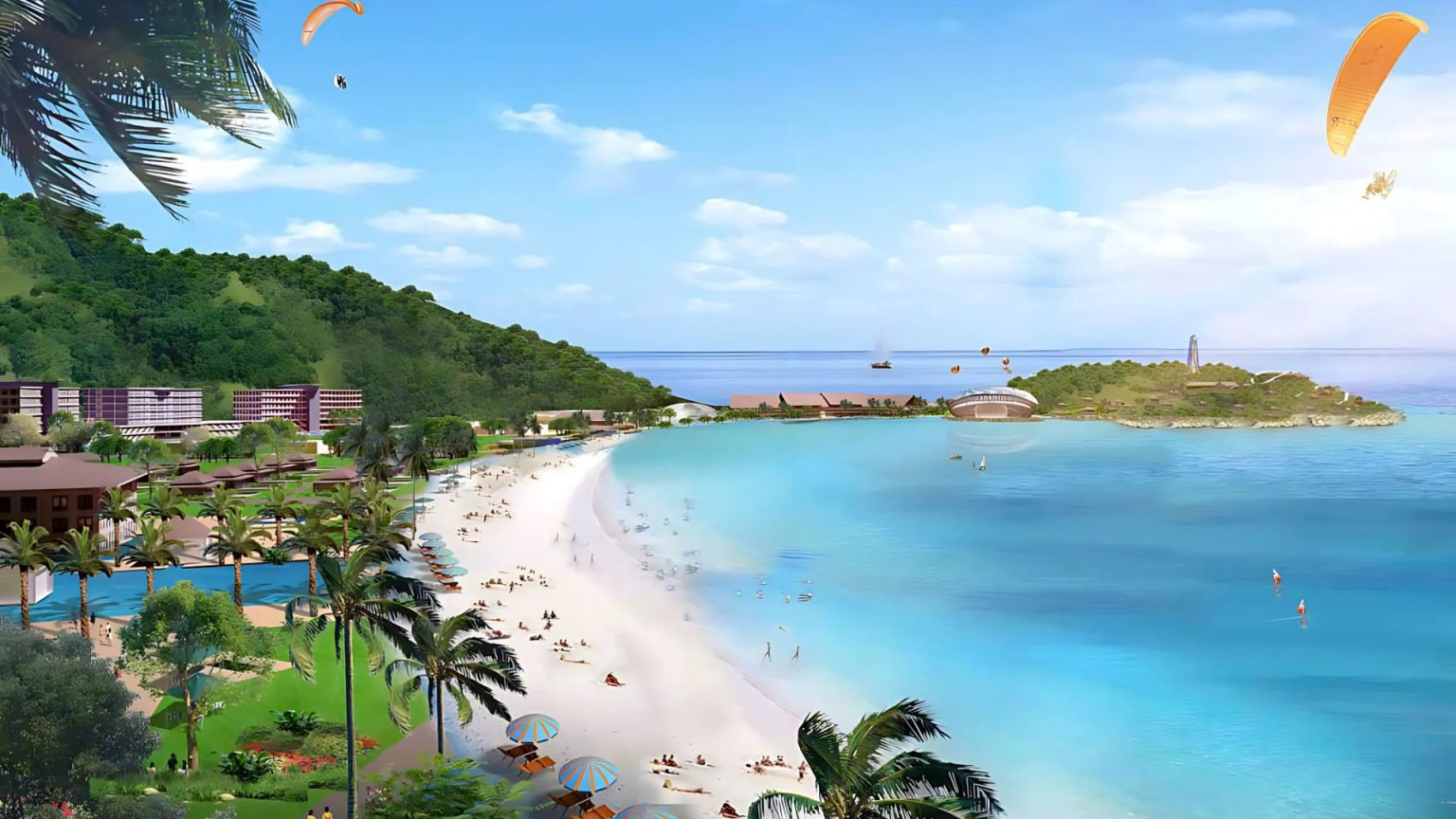 Phối cảnh toàn cảnh bãi biển Làng Vân (Vịnh Hải Vân) tại dự án Vinhomes Hải Vân Bay, Đà Nẵng, bao gồm khu biệt thự nghỉ dưỡng ven biển, khách sạn 5 sao và bãi cát trắng.