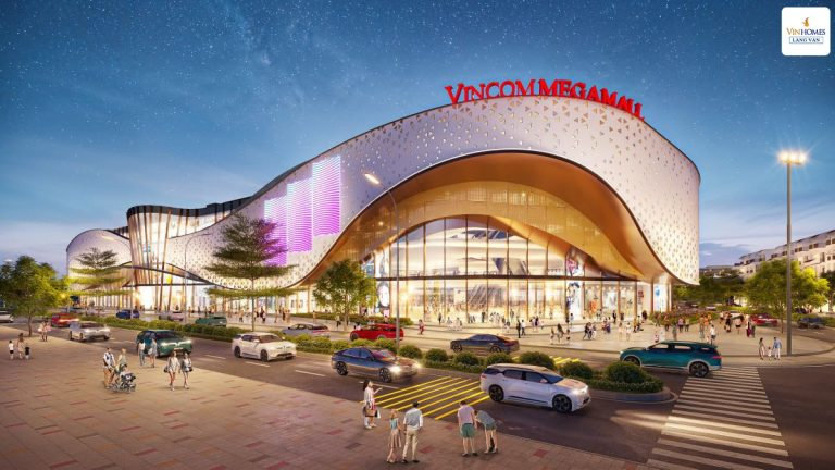 hối cảnh trung tâm thương mại Vincom Mega Mall vào buổi tối tại Vinhomes Làng Vân (Vinhomes Hải Vân Bay), Đà Nẵng, một tiện ích mua sắm và giải trí sầm uất.